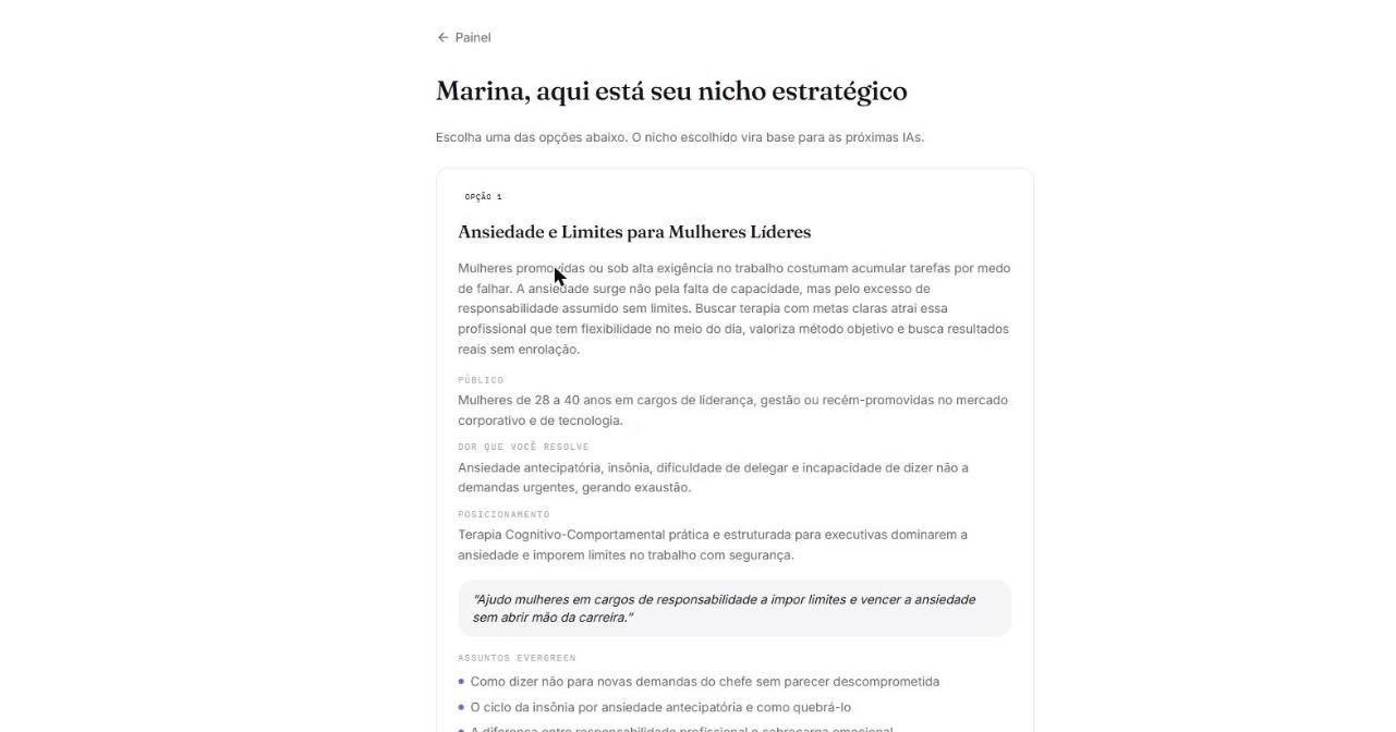Nicho estratégico gerado, com público, dor e frase de posicionamento.