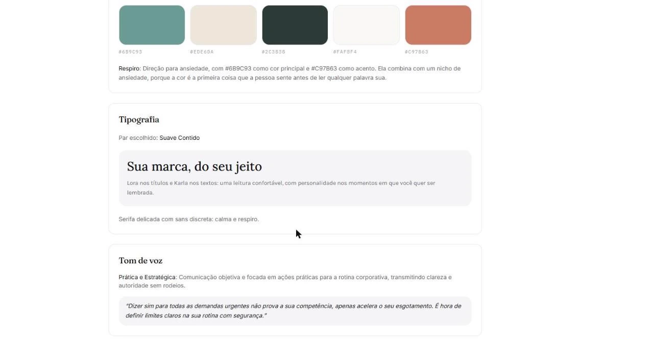 Tipografia e tom de voz definidos, com exemplo de frase aplicada.