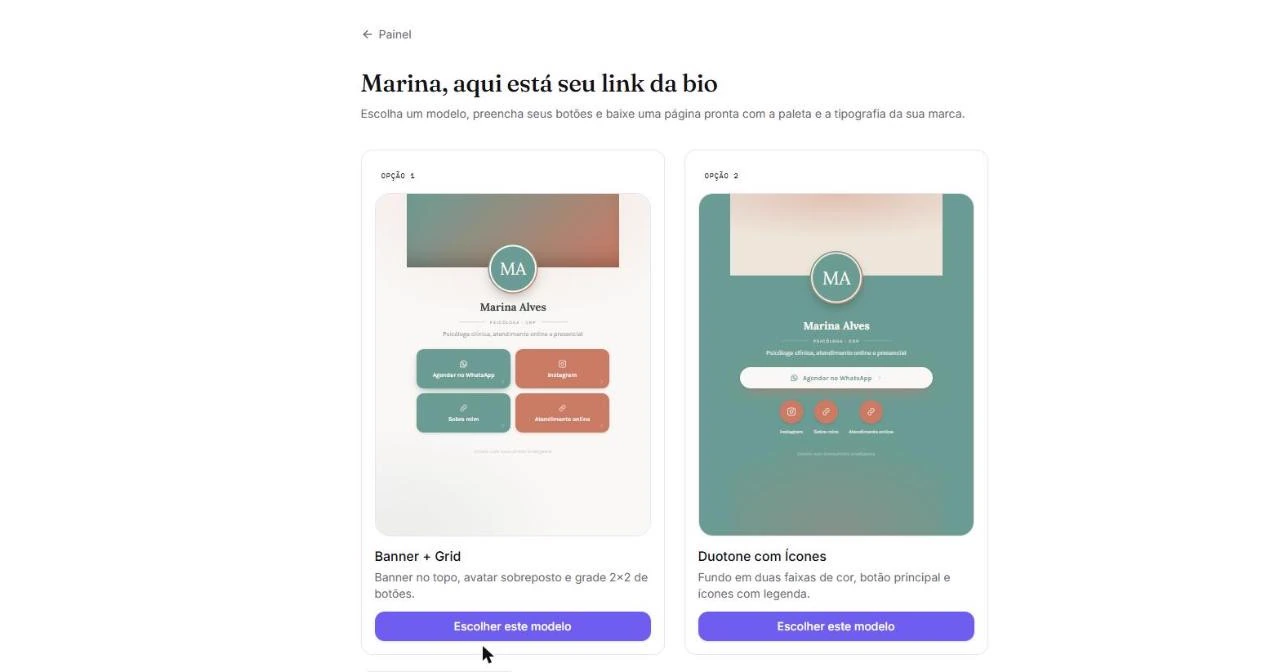 Dois modelos de página de link da bio nas cores da marca.