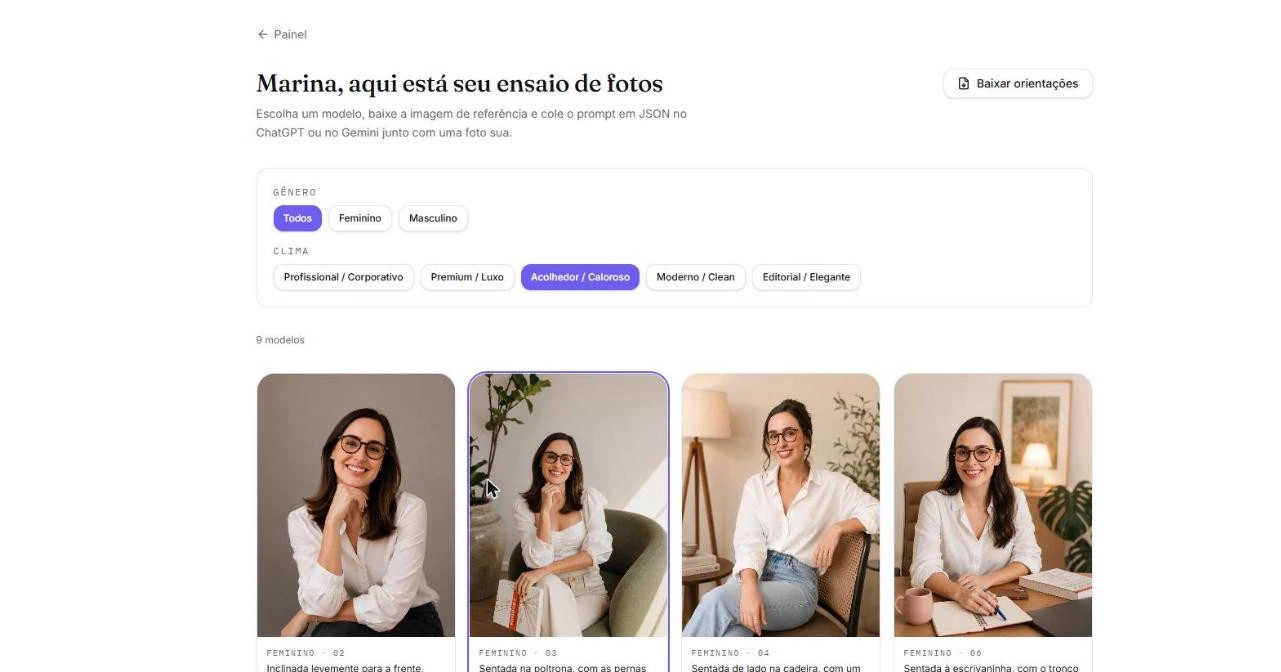 Galeria de referências de poses para ensaio fotográfico, com filtros.