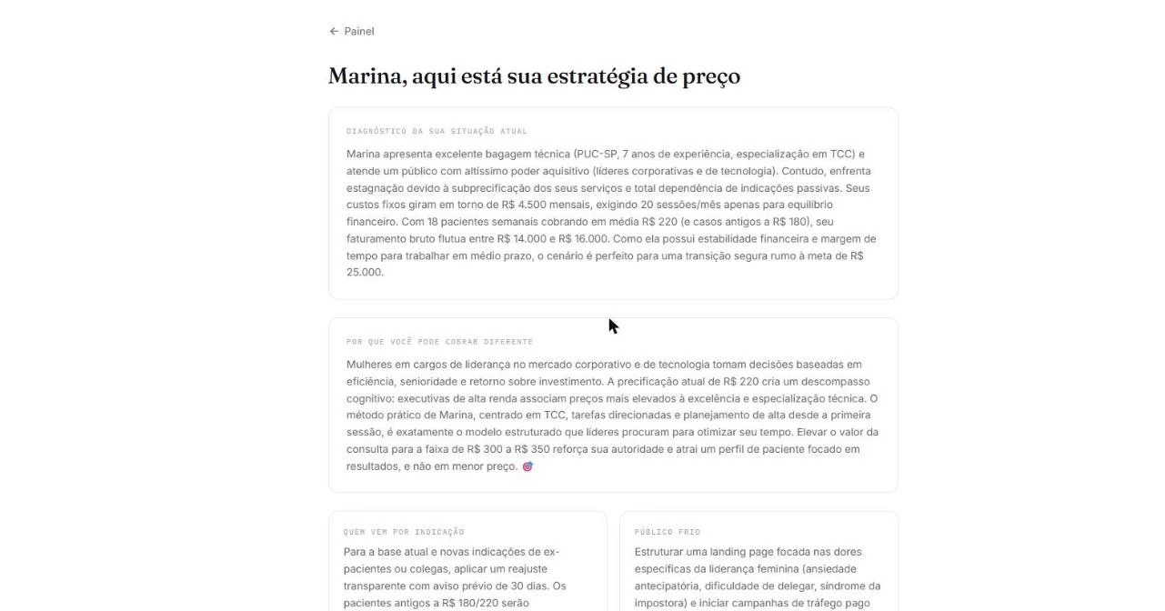 Estratégia de preço com diagnóstico e justificativa de reajuste.